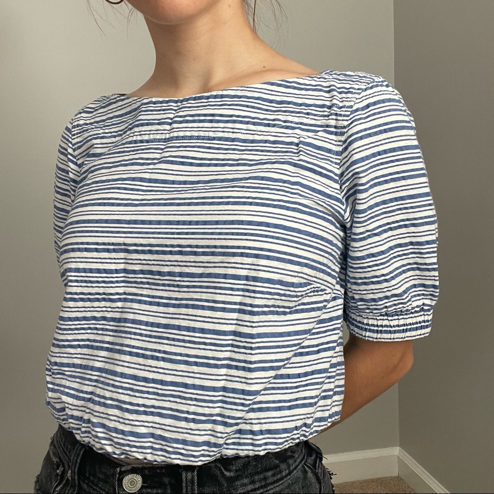 Blue and White Striped Half Sleeve J. Crew Shirt